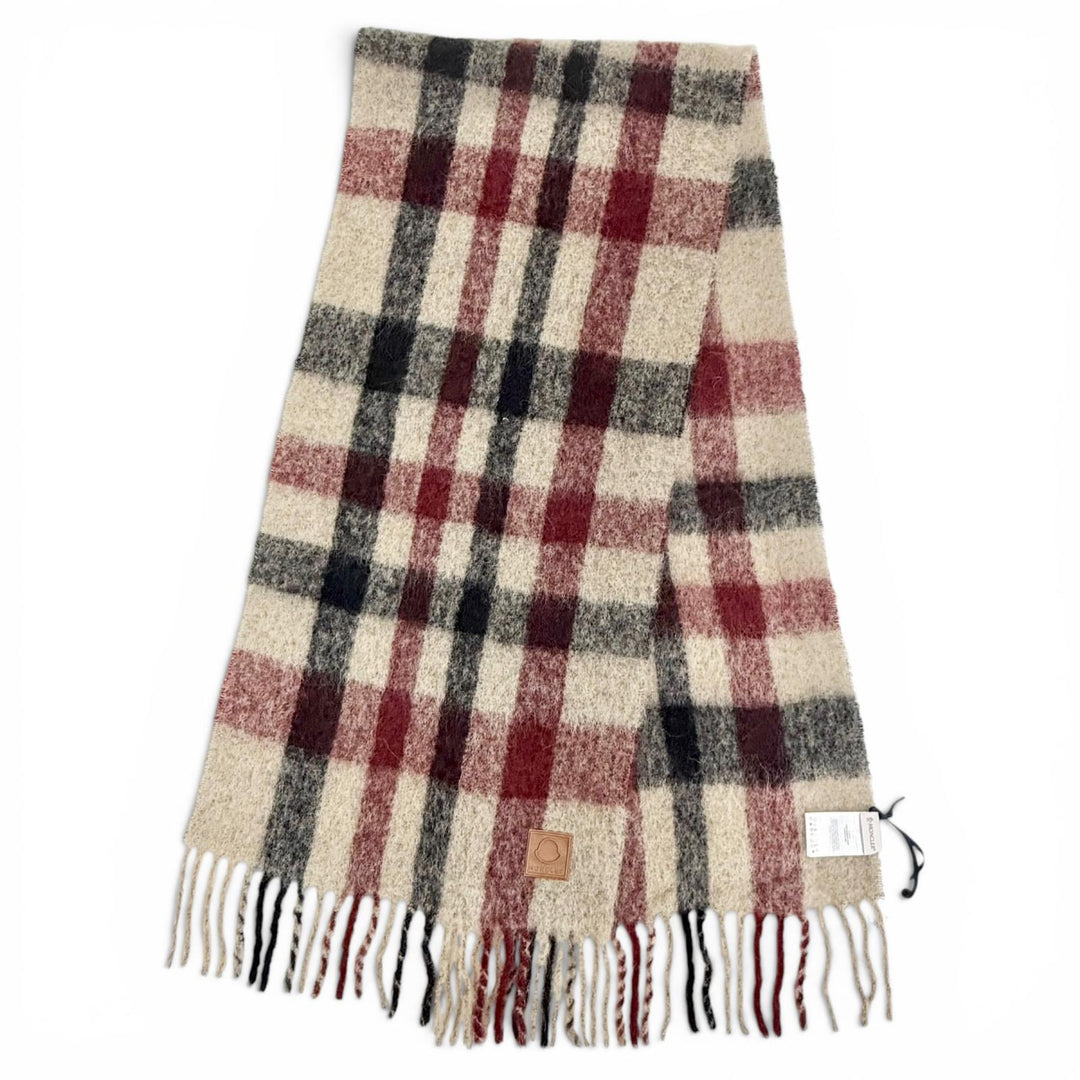 Pristine MONCLER Scarf SCIARPA Logo leather patch, check pattern, Beige mohair