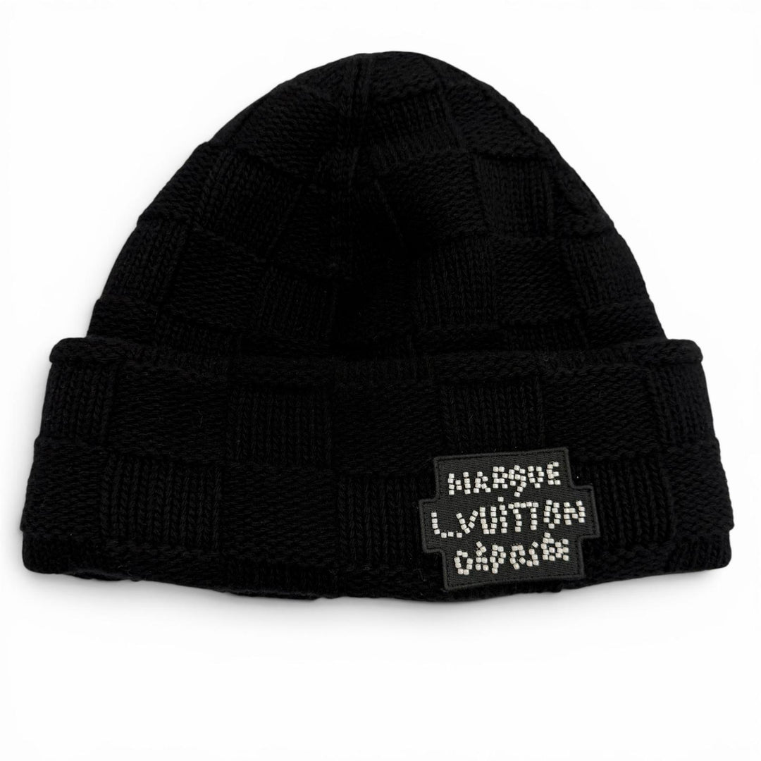 Great LOUIS VUITTON Knit cap Damier Pearl Beanie Hat black wool mens S M7336A