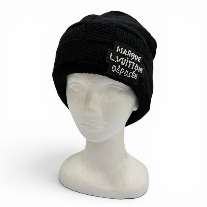 Great LOUIS VUITTON Knit cap Damier Pearl Beanie Hat black wool mens S M7336A