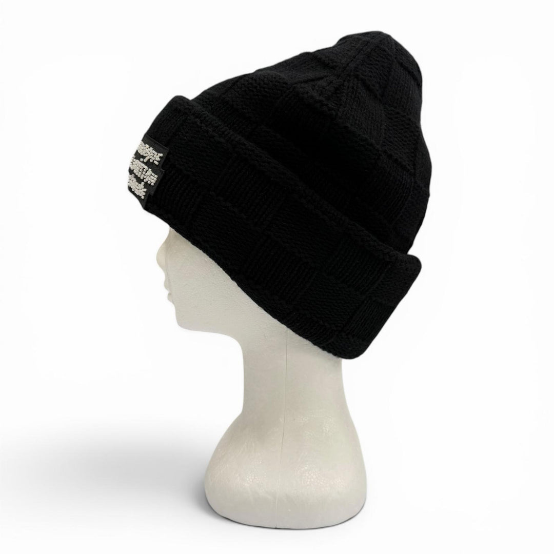 Great LOUIS VUITTON Knit cap Damier Pearl Beanie Hat black wool mens S M7336A