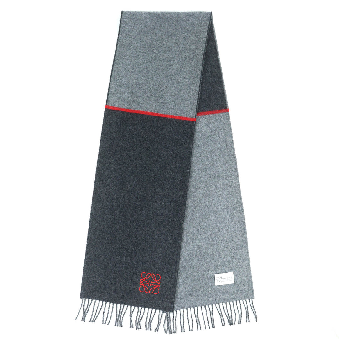 Excellent LOEWE Scarf Anagram Embroidery Fringe Long gray wool Women
