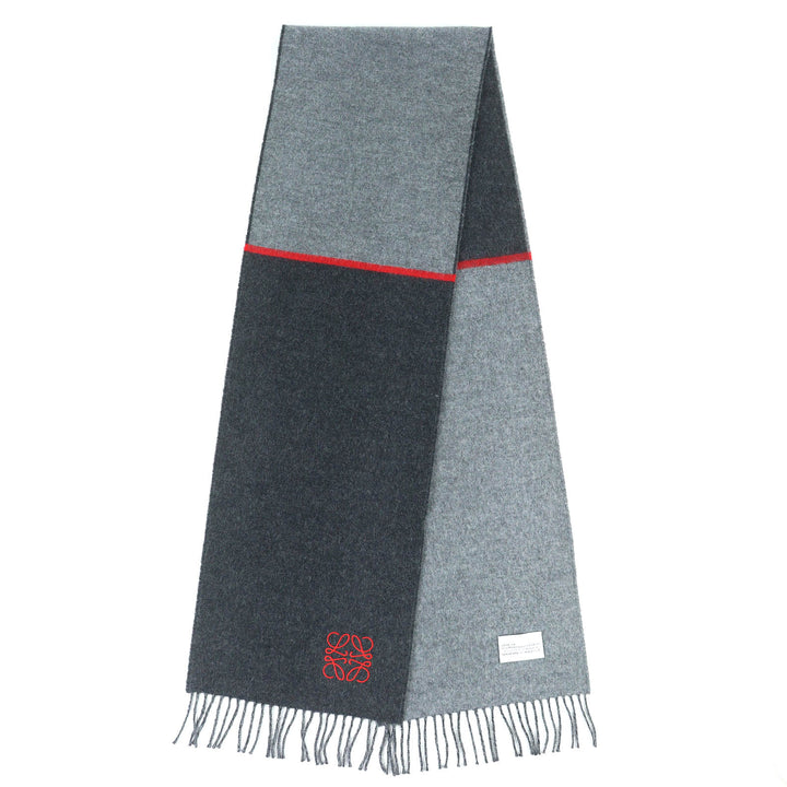 Excellent LOEWE Scarf Anagram Embroidery Fringe Long gray wool Women