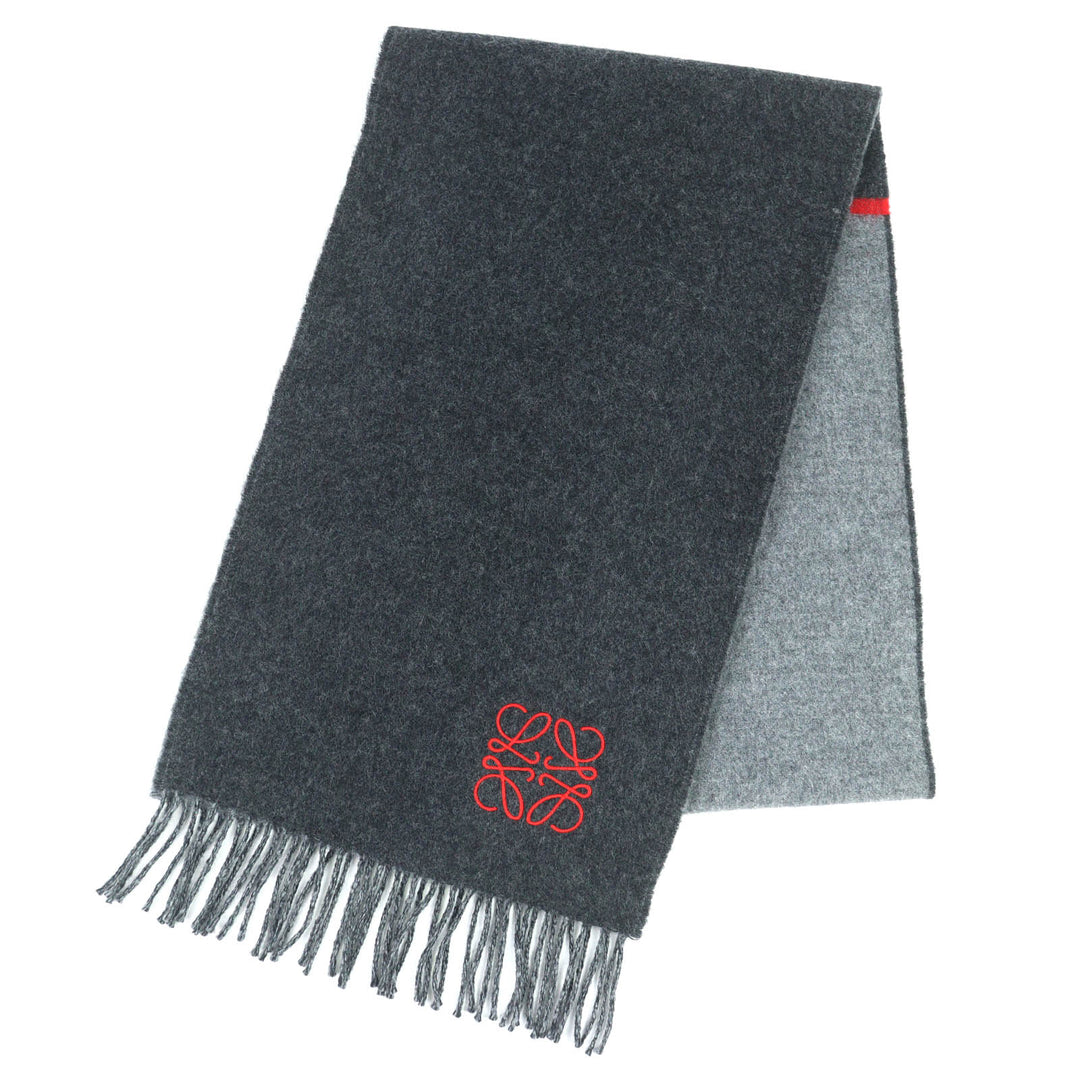 Excellent LOEWE Scarf Anagram Embroidery Fringe Long gray wool Women