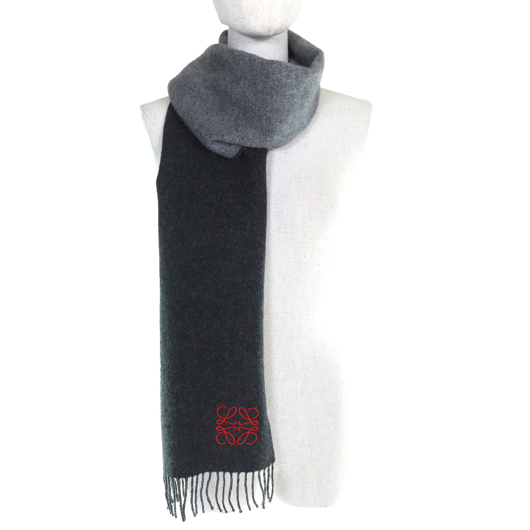 Excellent LOEWE Scarf Anagram Embroidery Fringe Long gray wool Women