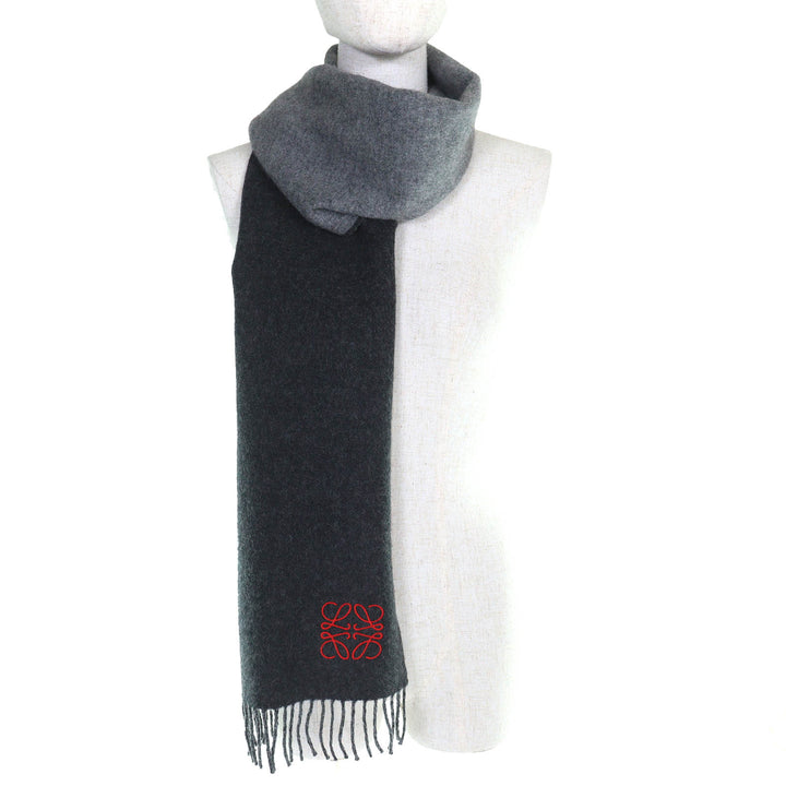 Excellent LOEWE Scarf Anagram Embroidery Fringe Long gray wool Women