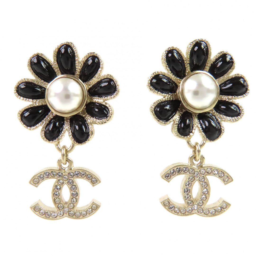 Excellent CHANEL Pierce COCO Mark Flower Rhinestone Faux Pearl Swing A22K