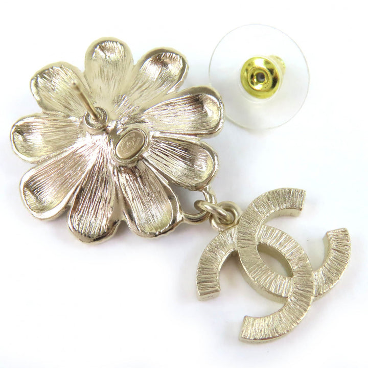 Excellent CHANEL Pierce COCO Mark Flower Rhinestone Faux Pearl Swing A22K