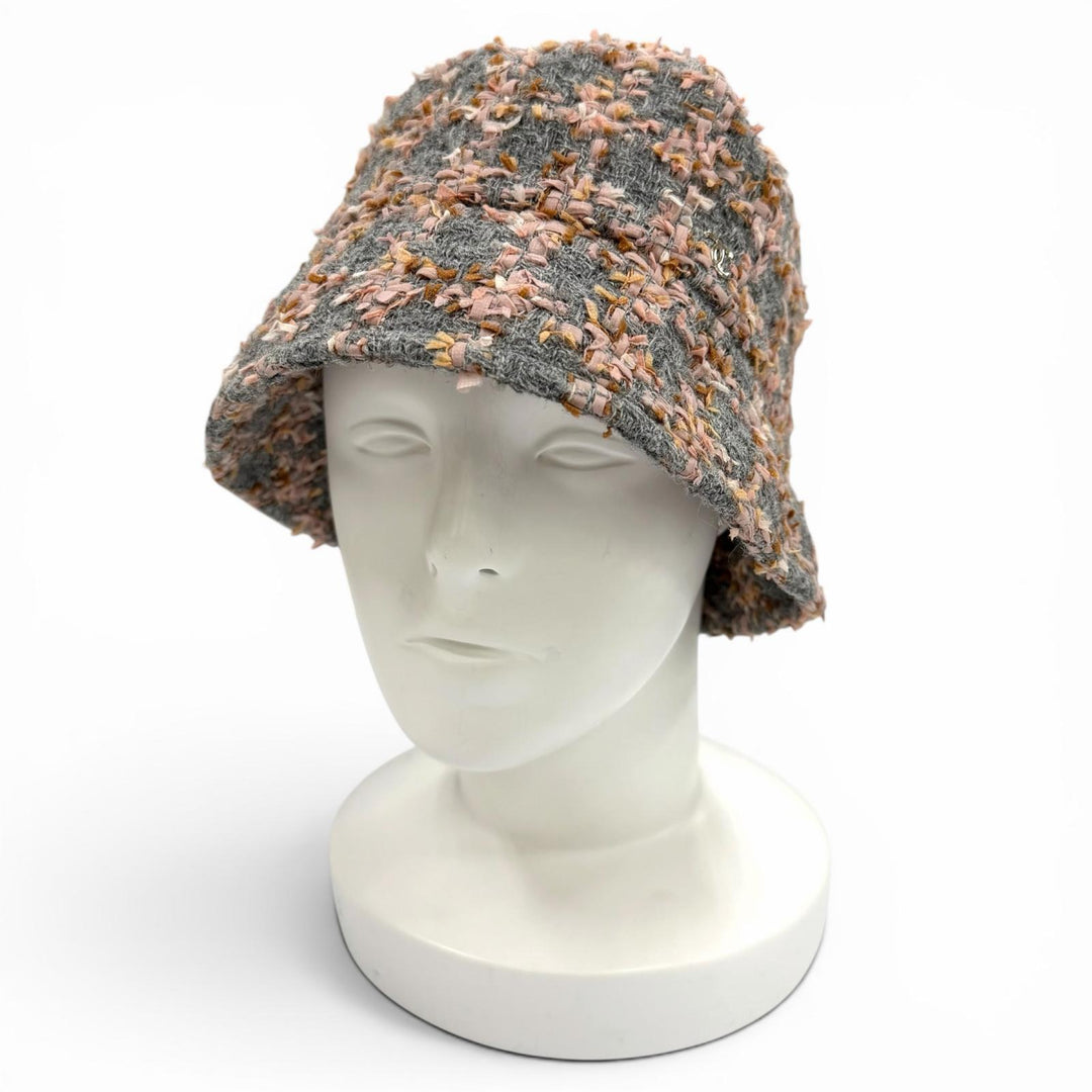 Great CHANEL hat COCO MarkMetal Check Pattern Ribbon Tweed Bucket Bag wool S 22K
