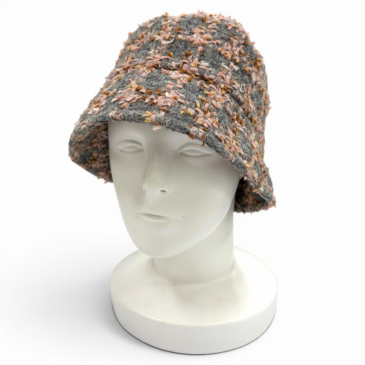 Great CHANEL hat COCO MarkMetal Check Pattern Ribbon Tweed Bucket Bag wool S 22K
