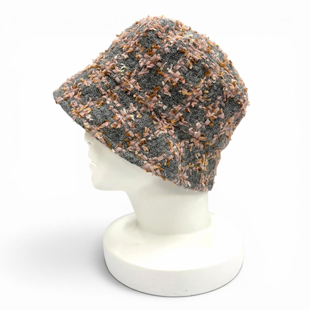 Great CHANEL hat COCO MarkMetal Check Pattern Ribbon Tweed Bucket Bag wool S 22K