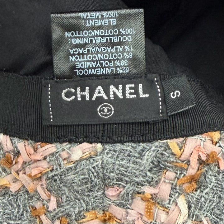 Great CHANEL hat COCO MarkMetal Check Pattern Ribbon Tweed Bucket Bag wool S 22K