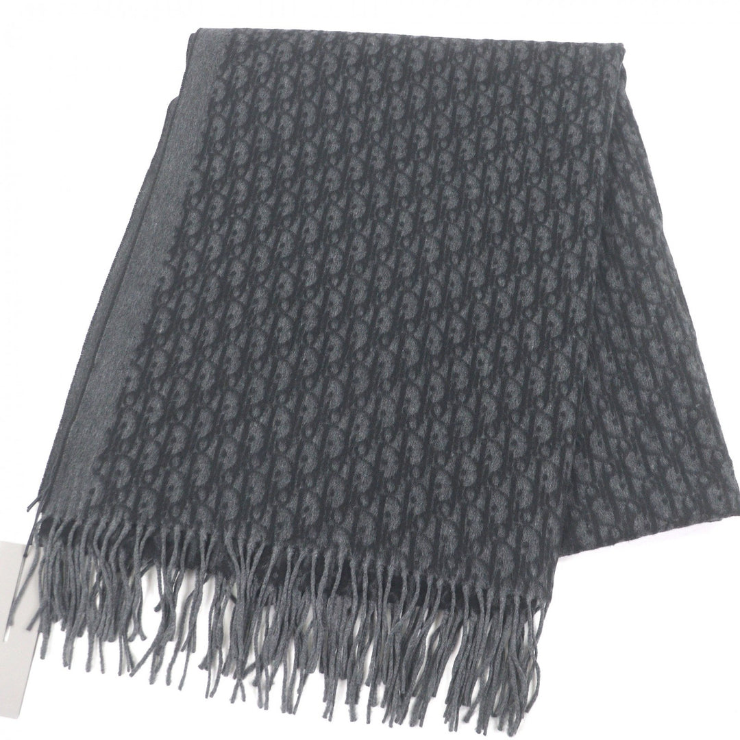 Pristine DIOR Scarf Oblique logo print large shawl with fringe gray silk