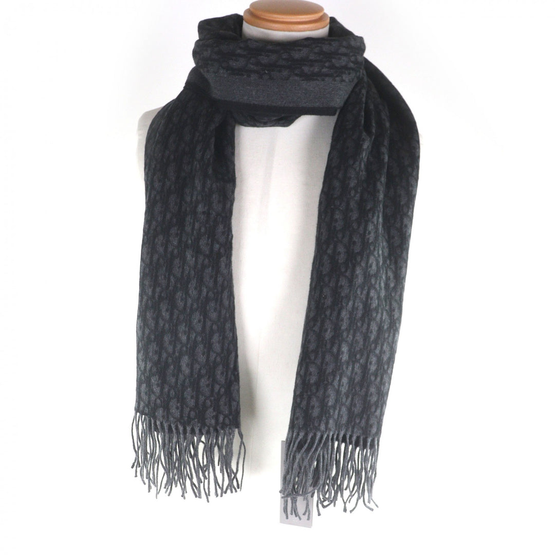 Pristine DIOR Scarf Oblique logo print large shawl with fringe gray silk