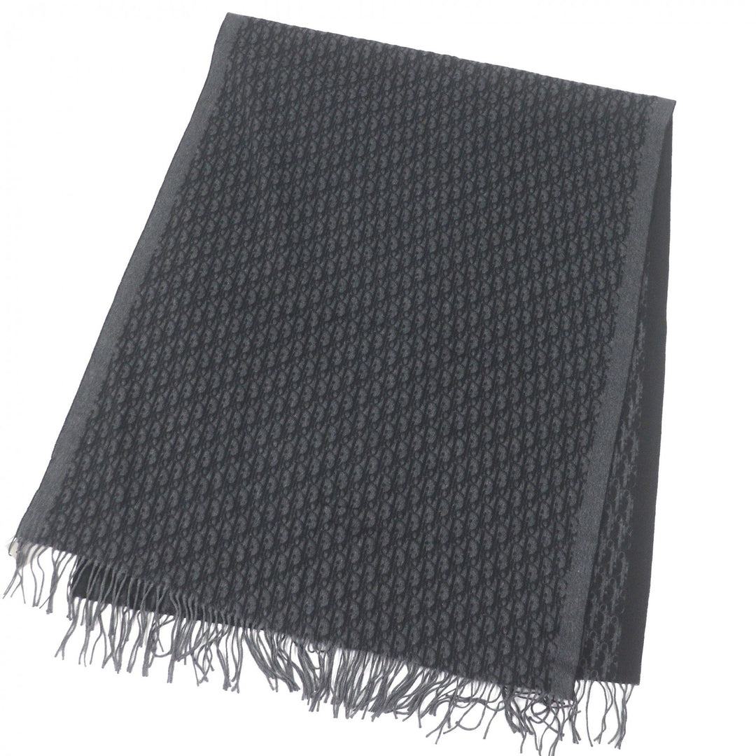 Pristine DIOR Scarf Oblique logo print large shawl with fringe gray silk