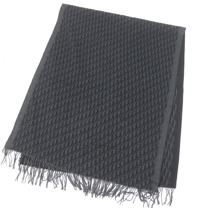Pristine DIOR Scarf Oblique logo print large shawl with fringe gray silk