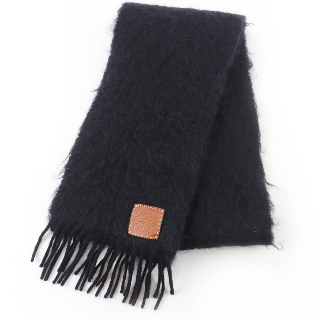 Great LOEWE Scarf Anagram leather patch with fringe black mohair Women