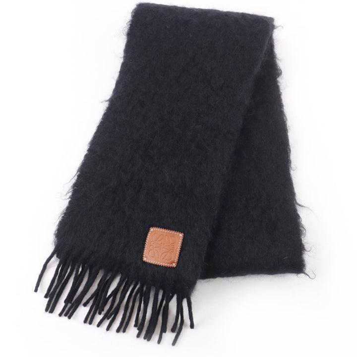 Great LOEWE Scarf Anagram leather patch with fringe black mohair Women