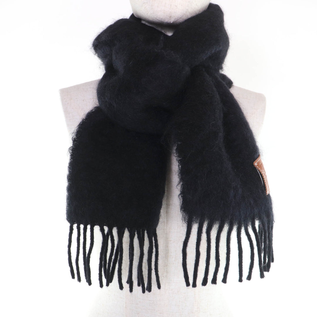 Great LOEWE Scarf Anagram leather patch with fringe black mohair Women