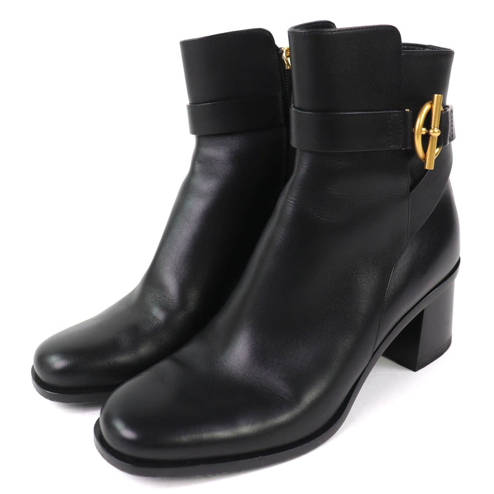 Great HERMES short boots Jill 60 Glenn buckle side zip leather heel black 36.5