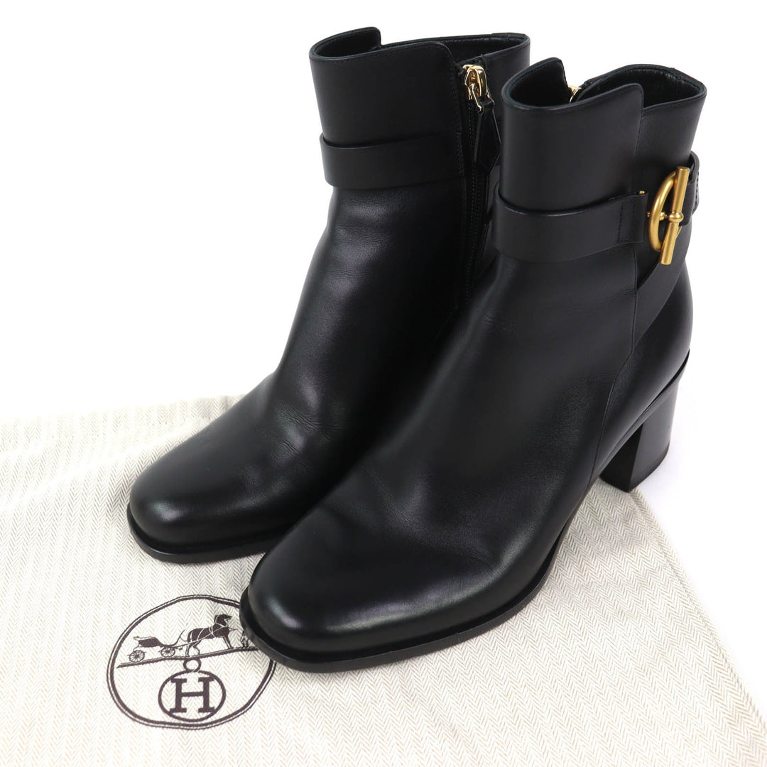 Great HERMES short boots Jill 60 Glenn buckle side zip leather heel black 36.5