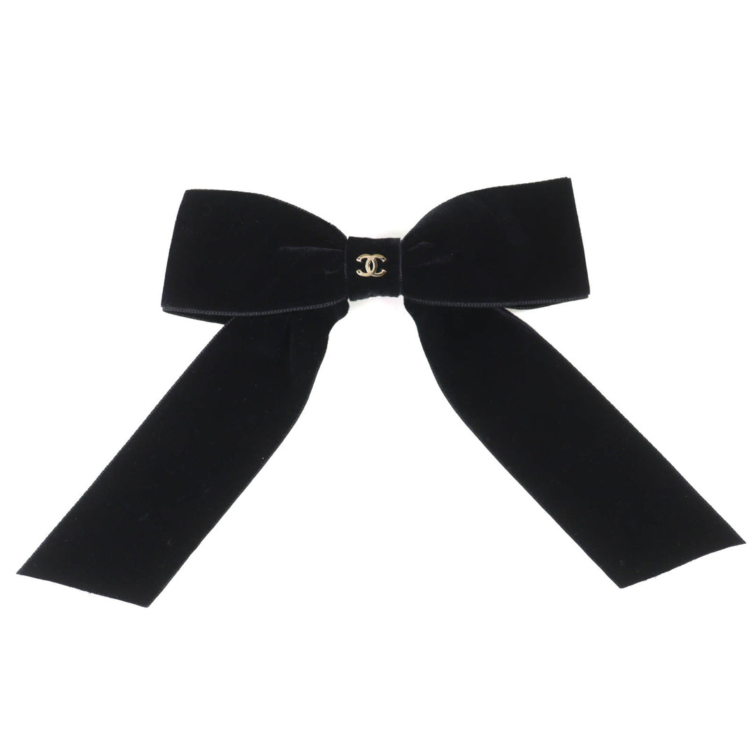 Excellent CHANEL COCO Mark Velour Ribbon Barrette Hair Accessory 25V AA8557