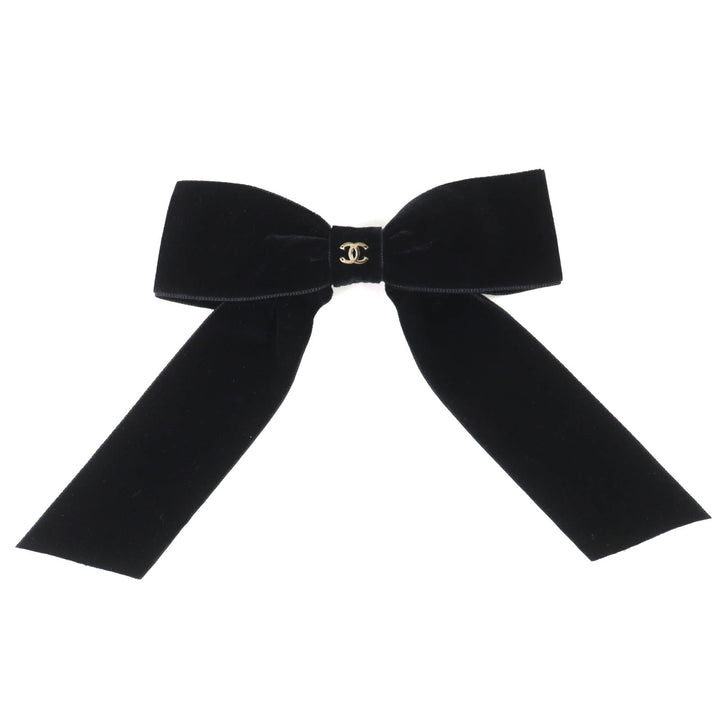 Excellent CHANEL COCO Mark Velour Ribbon Barrette Hair Accessory 25V AA8557