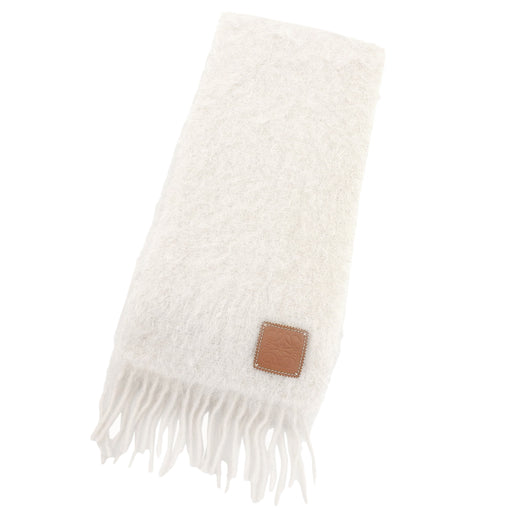 Excellent LOEWE Scarf Fringe Anagram Leather Patch Ivory mohair Women