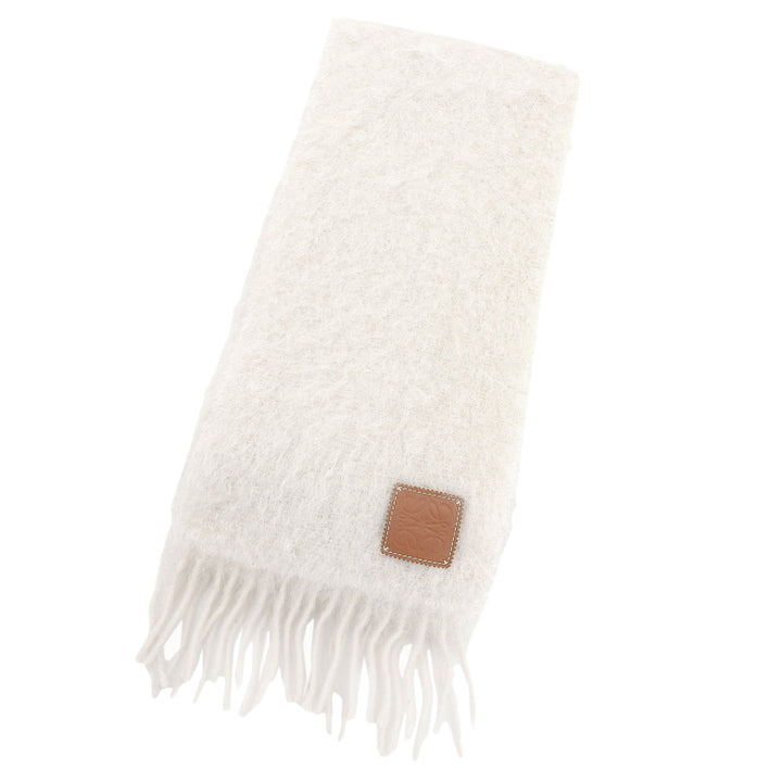 Excellent LOEWE Scarf Fringe Anagram Leather Patch Ivory mohair Women