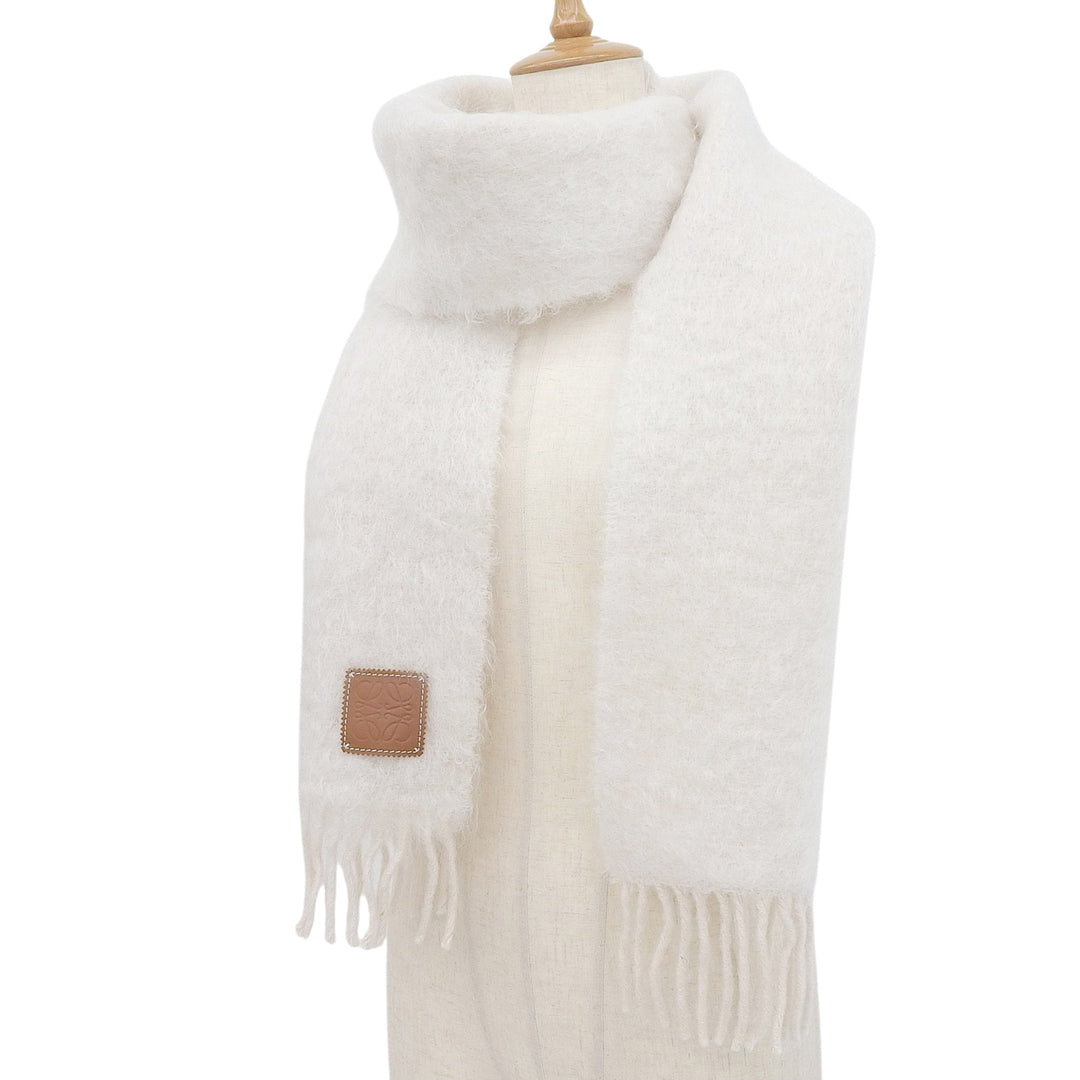 Excellent LOEWE Scarf Fringe Anagram Leather Patch Ivory mohair Women