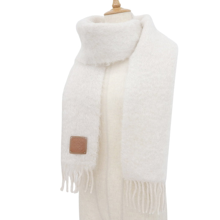 Excellent LOEWE Scarf Fringe Anagram Leather Patch Ivory mohair Women
