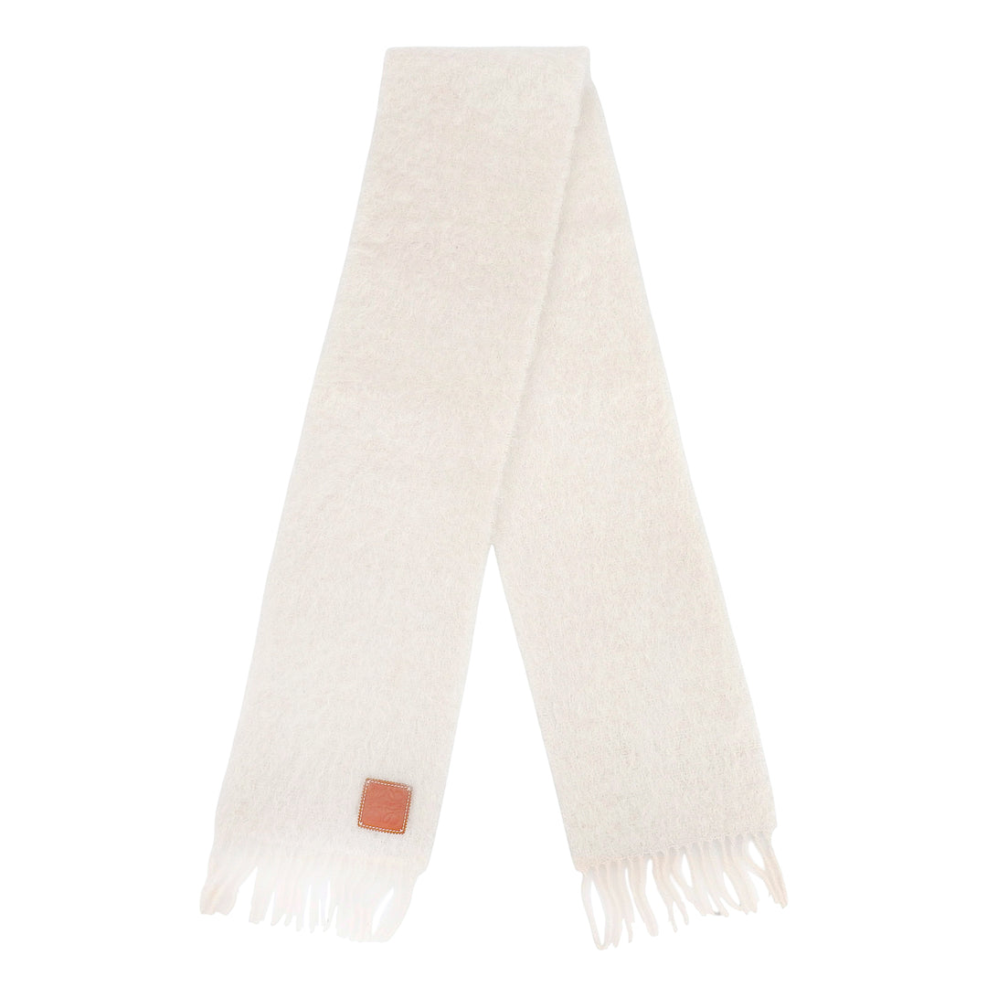Excellent LOEWE Scarf Fringe Anagram Leather Patch Ivory mohair Women