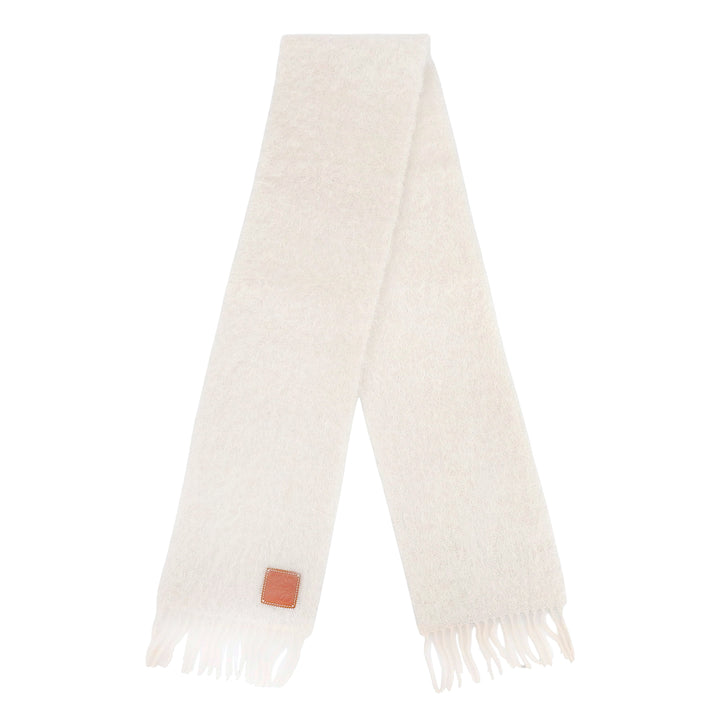 Excellent LOEWE Scarf Fringe Anagram Leather Patch Ivory mohair Women