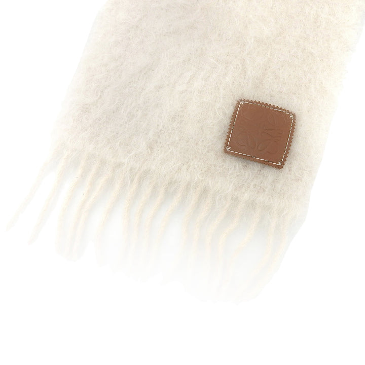 Excellent LOEWE Scarf Fringe Anagram Leather Patch Ivory mohair Women