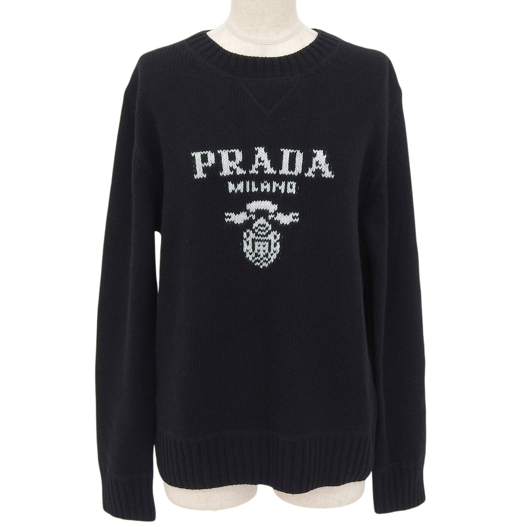 Great PRADA knit Crew neck logo knit sweater black wool Women 40 P2461V