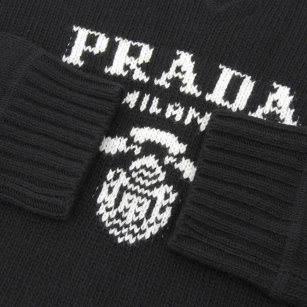 Great PRADA knit Crew neck logo knit sweater black wool Women 40 P2461V