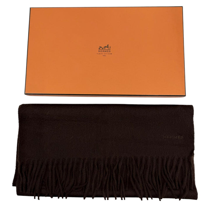 Pristine HERMES Scarf Recto Verso Logo embroidery Brown cashmere Women