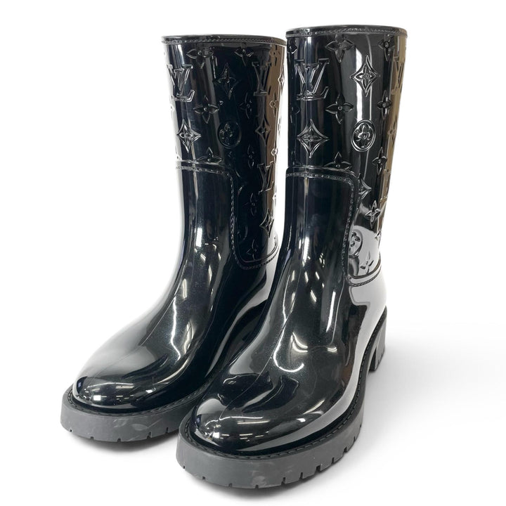 Excellent LOUIS VUITTON boots Monogram Rain black rubber Women 38