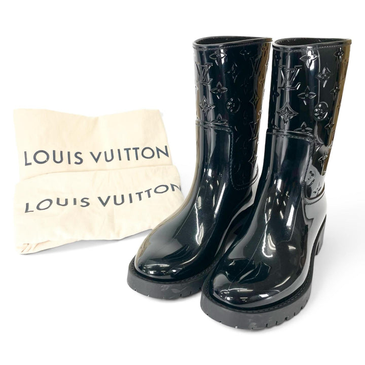 Excellent LOUIS VUITTON boots Monogram Rain black rubber Women 38