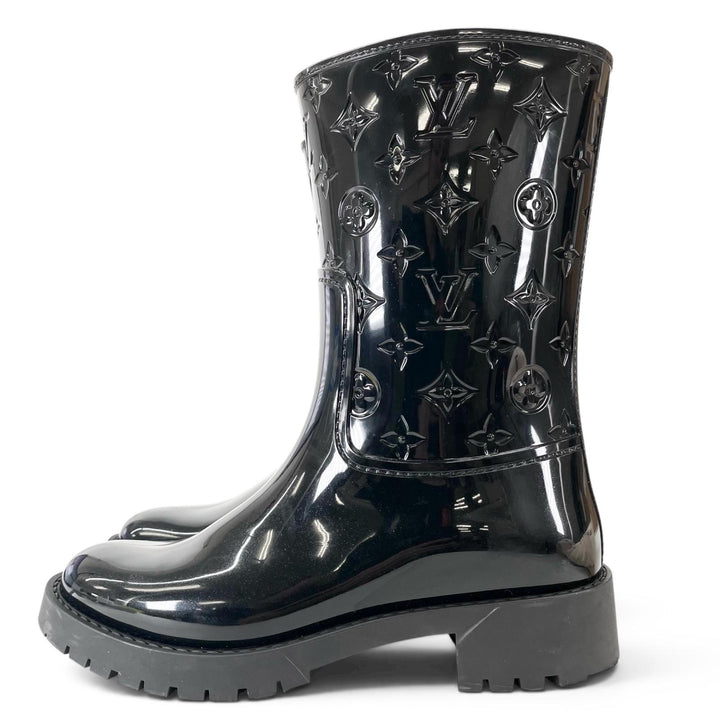 Excellent LOUIS VUITTON boots Monogram Rain black rubber Women 38