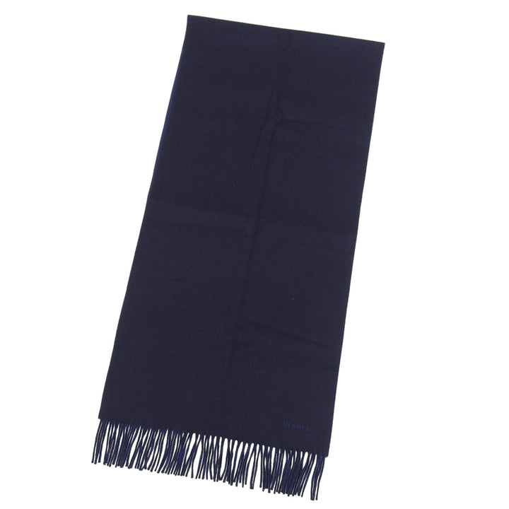 Excellent HERMES Scarf Recto Verso Embroidered logo with fringe cashmere mens
