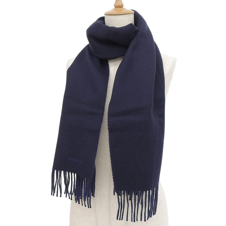 Excellent HERMES Scarf Recto Verso Embroidered logo with fringe cashmere mens