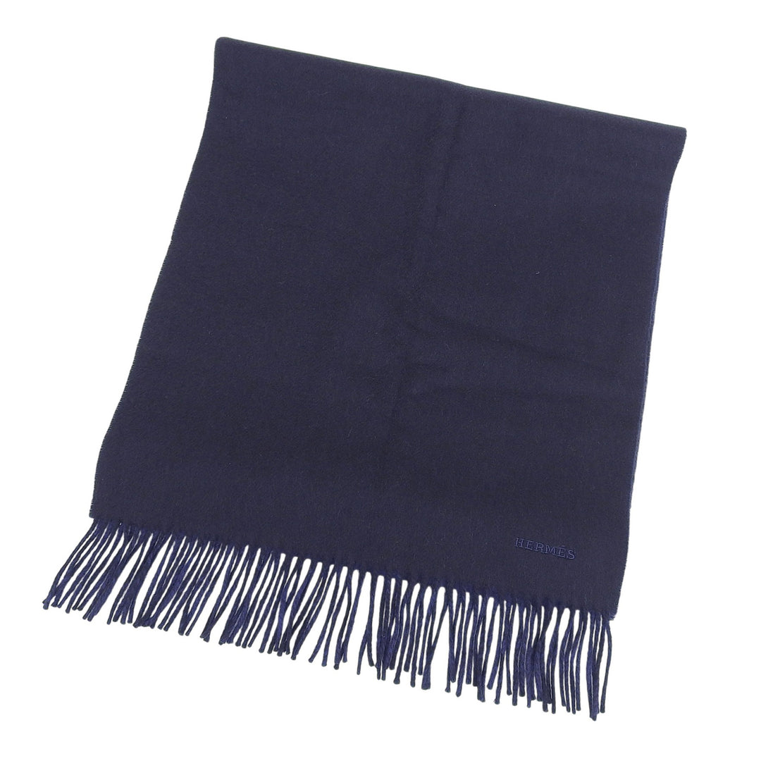 Excellent HERMES Scarf Recto Verso Embroidered logo with fringe cashmere mens