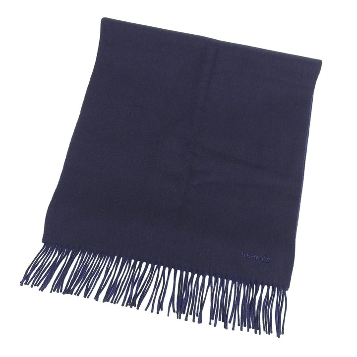 Excellent HERMES Scarf Recto Verso Embroidered logo with fringe cashmere mens