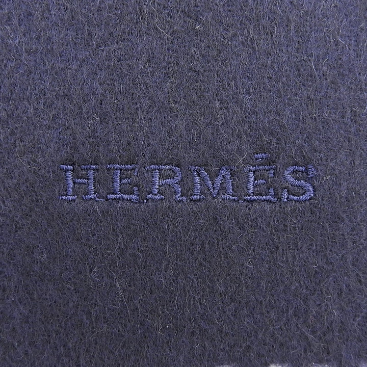 Excellent HERMES Scarf Recto Verso Embroidered logo with fringe cashmere mens