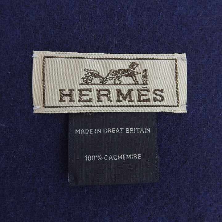 Excellent HERMES Scarf Recto Verso Embroidered logo with fringe cashmere mens