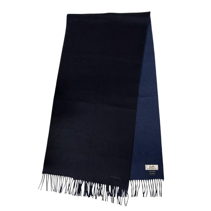 Excellent HERMES Scarf Recto Verso Embroidered logo with fringe cashmere mens