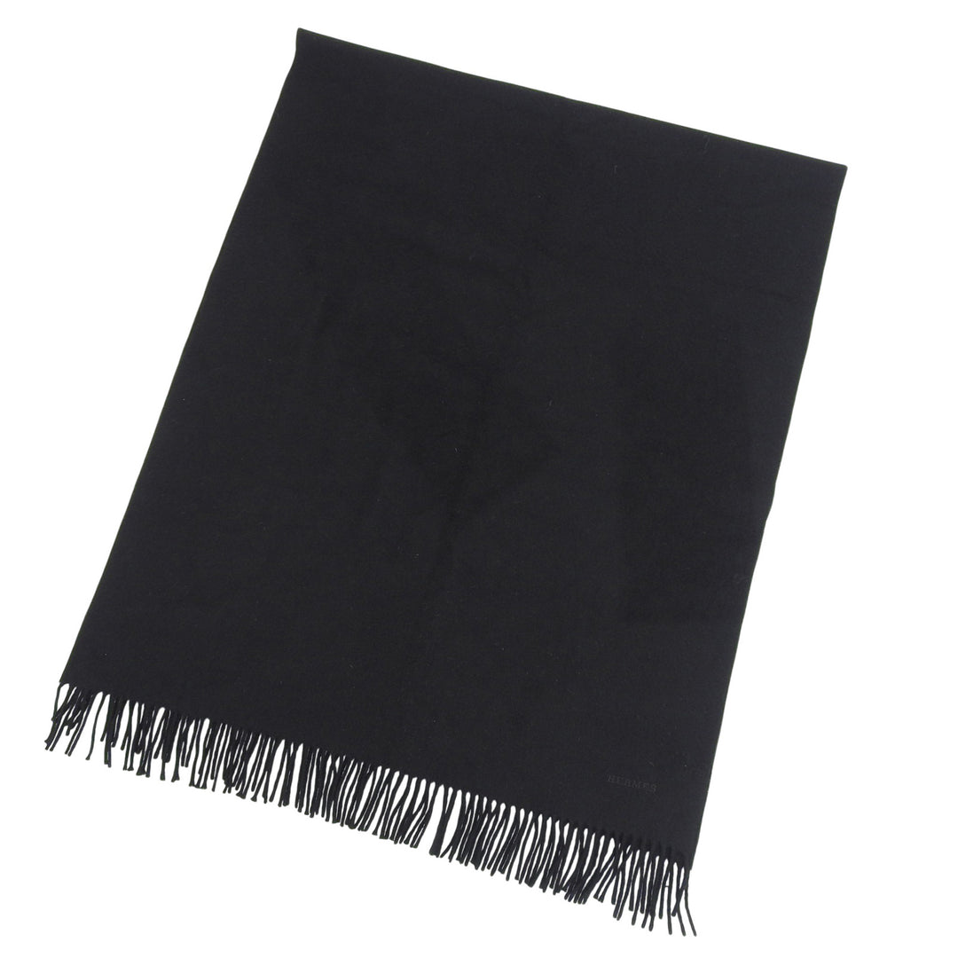 Great HERMES Stall Embroidered logo with fringe black cashmere Women