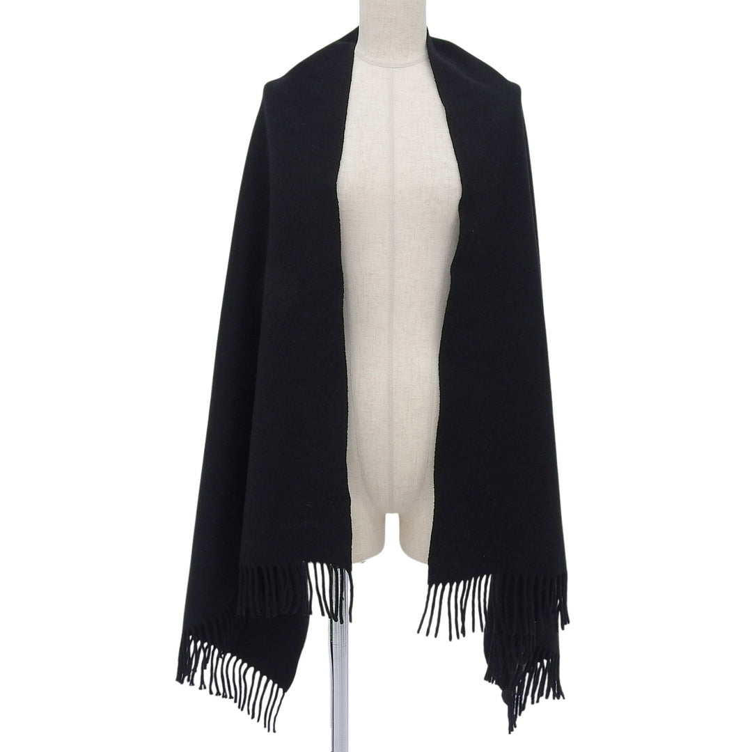 Great HERMES Stall Embroidered logo with fringe black cashmere Women