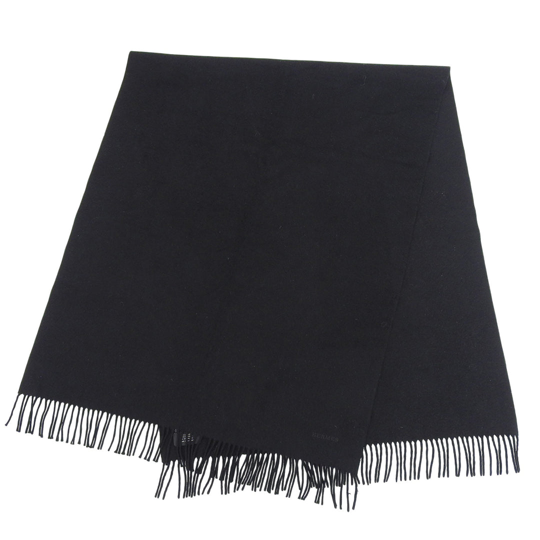 Great HERMES Stall Embroidered logo with fringe black cashmere Women