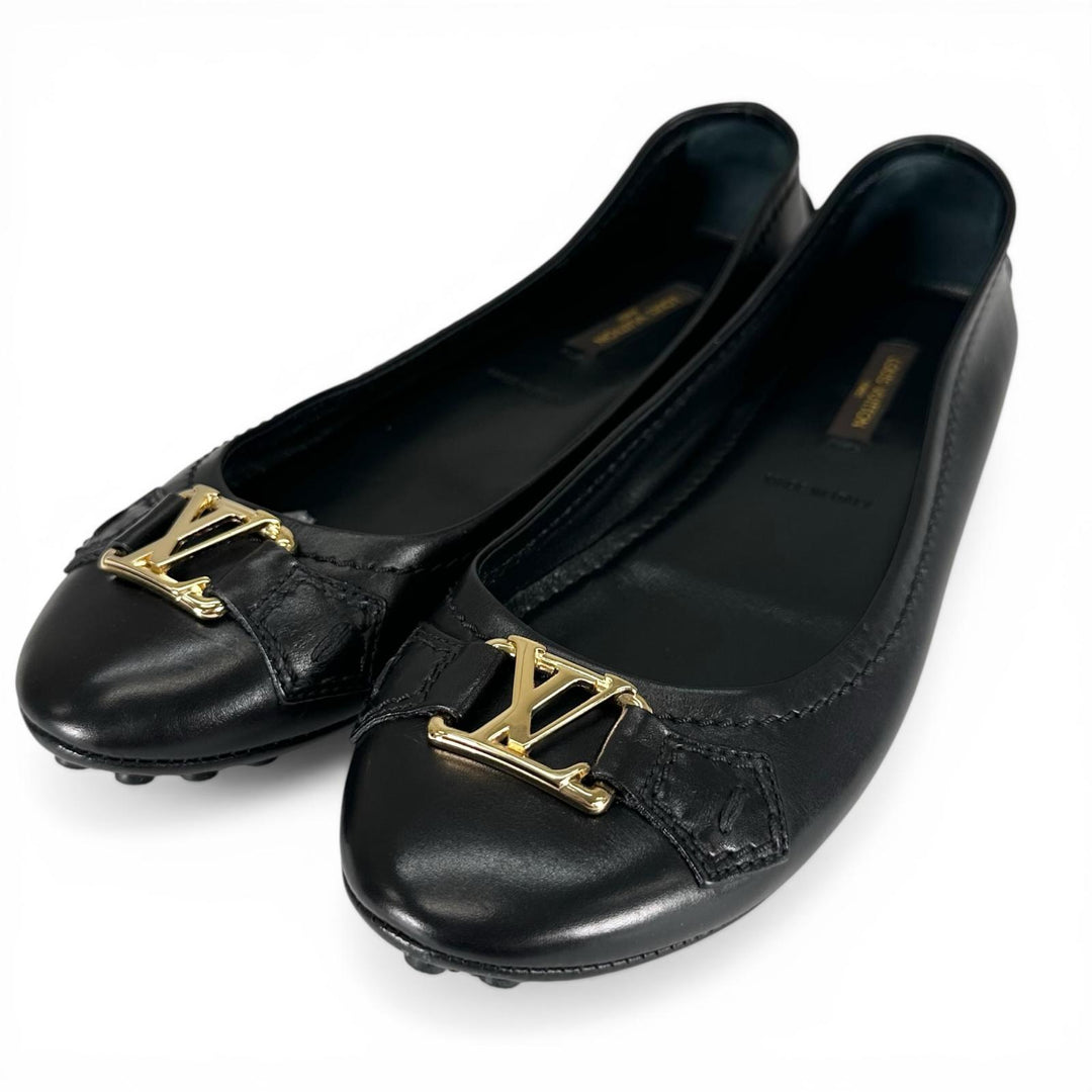 Great LOUIS VUITTON Ballet shoes LV logo flat shoes black leather Women 36